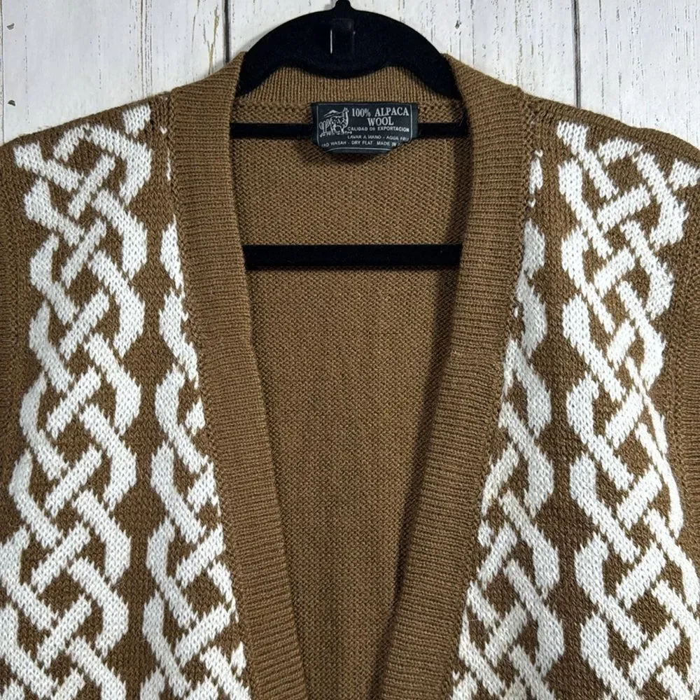 Alpaca Fina Wool 100% Tan Geometric Open Front Womens Peruvian Sweater Vest Cozy